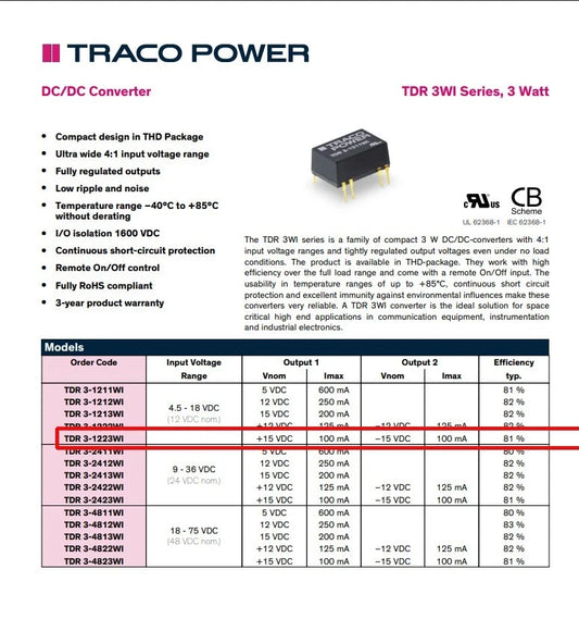 10pcs TracoPower 3 Watt DC DC Converter TDR 3-1223WI Dual 15 v 100mA 1.6Kv Iso