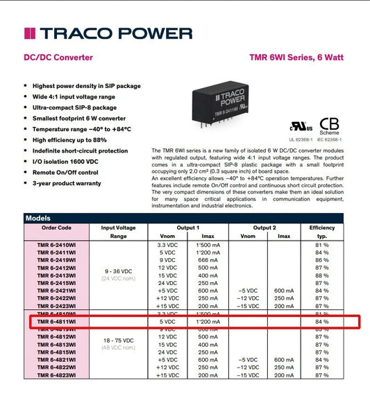 10pcs TracoPower 6 Watt DC DC Converter TMR 6-4811WI 5 v 1.2A 1.6Kv Isolated