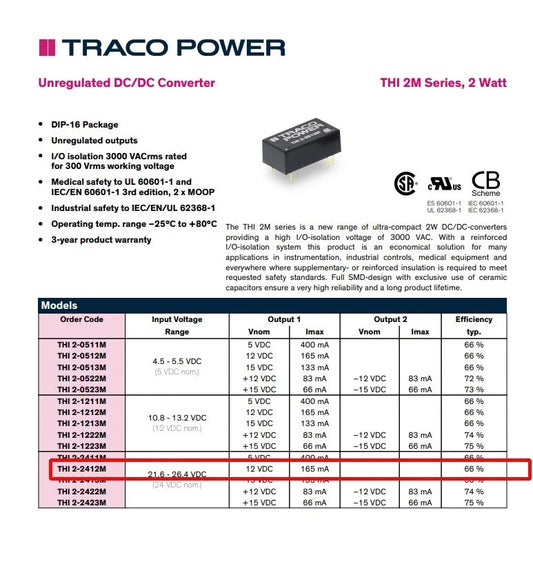 12pcs TracoPower 2 Watt DC DC Converter THI 2-2412M 12 v 165mA 1.6Kv Isolated Unregulated