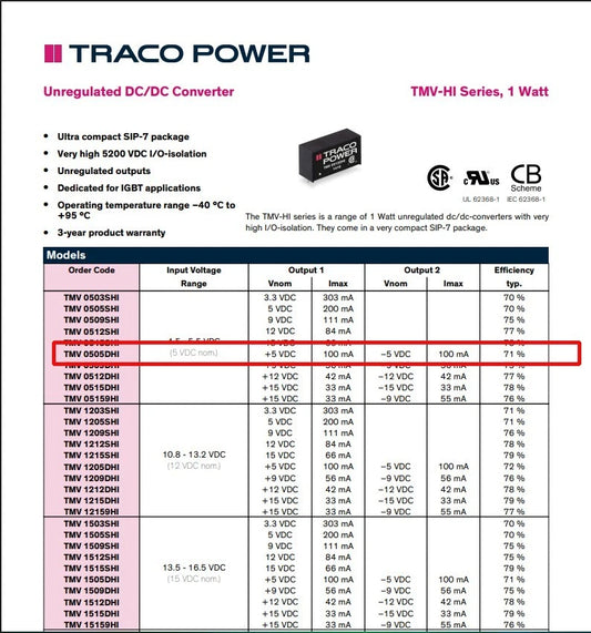 12pcs TracoPower 1 Watt DC DC Converter TMV 0505DHI Dual 5v 100mA Unregulated