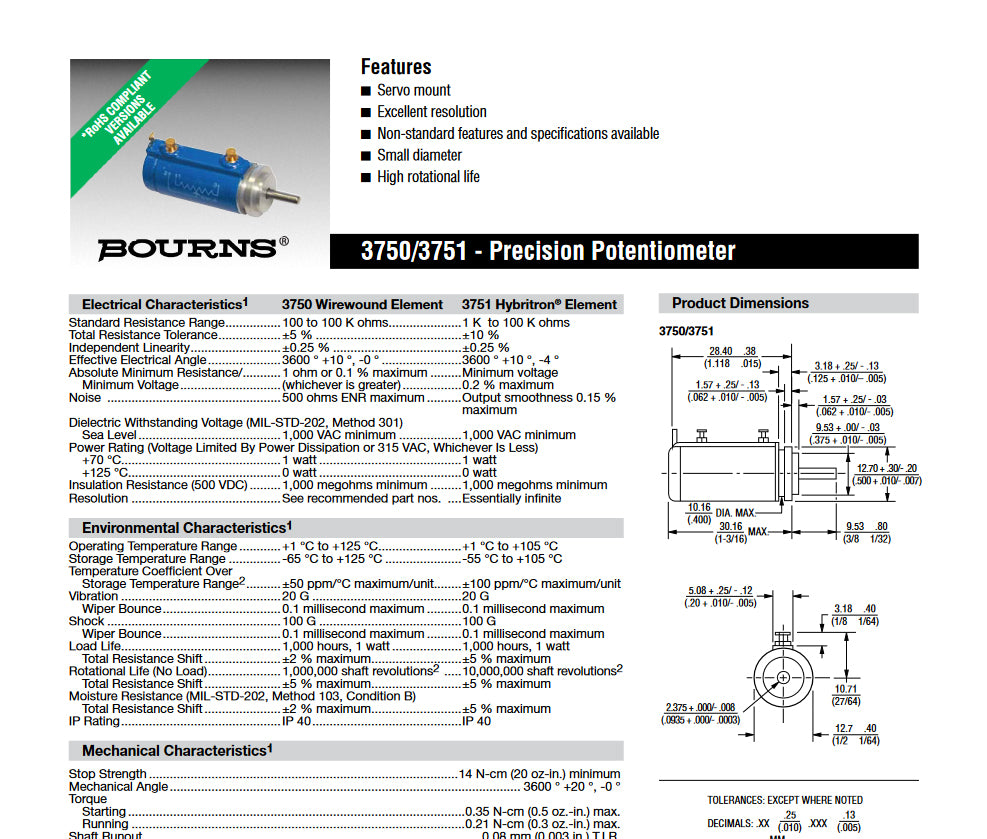 3pcs 10K Bourns Servo Mount Multi Turn Potentiometer 3mm Shaft 3751H-1-103