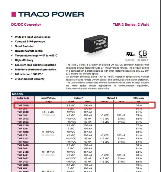 10pcs TracoPower 2 Watt DC DC Converter TMR 0510 3.3v 500mA Isolated 1.6Kv