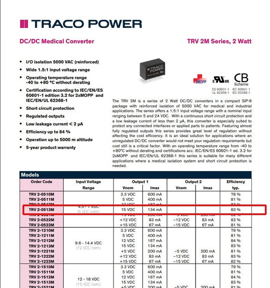 10pcs TracoPower 2 Watt DC DC Converter TRV 2-0513M 15 v 134mA Isolated 5Kv