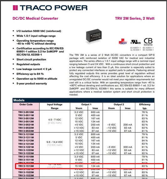 10pcs TracoPower 2 Watt DC DC Converter TRV 2-1513M 15v 134mA Isolated 5Kv
