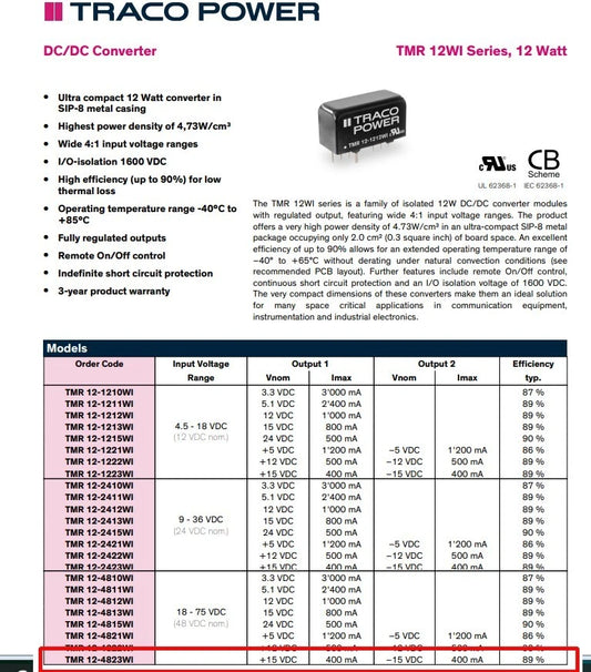 9pcs TracoPower 12 Watt DC DC Converter TMR 12-4823WI Dual 15 v 400mA 1.6Kv