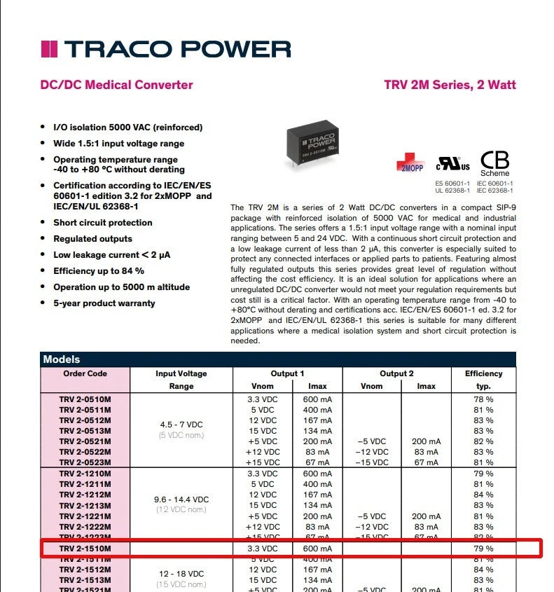 10pcs TracoPower 2 Watt DC DC Converter TRV 2-1510M 3.3v 600mA Isolated 5Kv