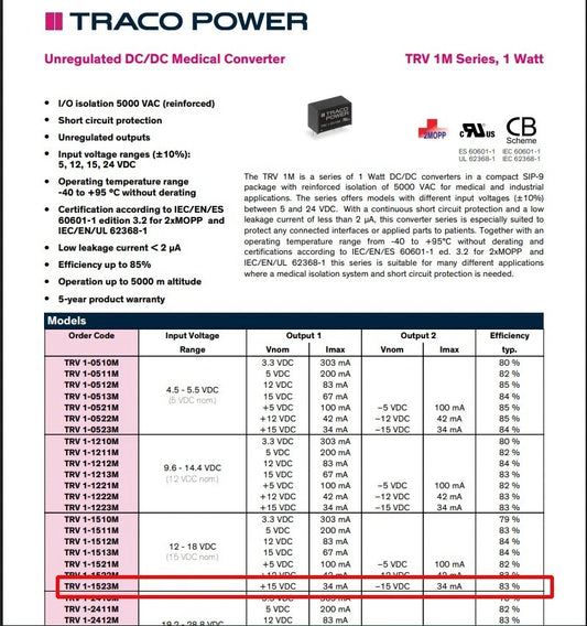 10pcs TracoPower 1 Watt DC DC Converter TRV 1-1523M Dual 15v 34mA Unregulated