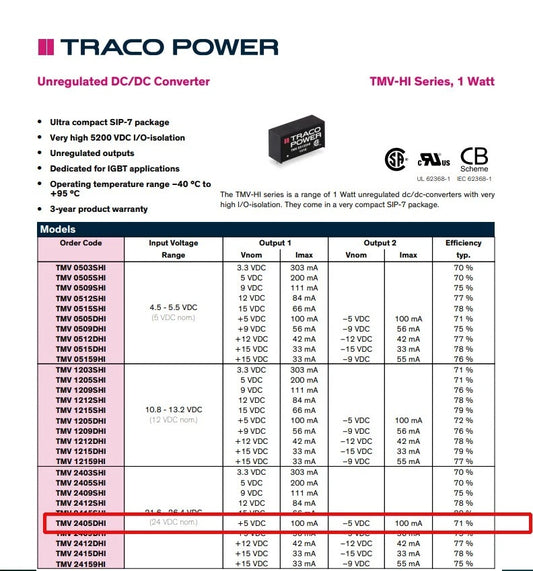 10pcs TracoPower 1 Watt DC DC Converter TMV 2405DHI Dual 5v 100mA Unregulated