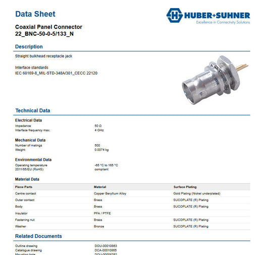 DC To 4GHz 50 Ohm BNC Connector Beryllium Copper Alloy HUBER SUHNER