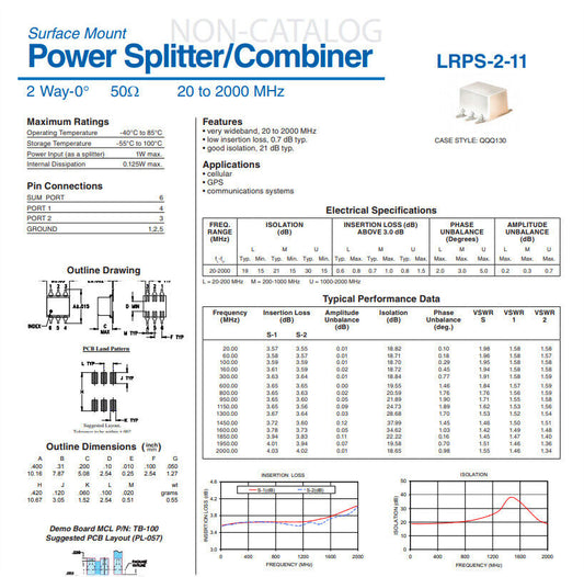 MCL LRPS-2-11 2 Way-0° 50Ω 20 to 2000 MHz Power Splitter / Combiner