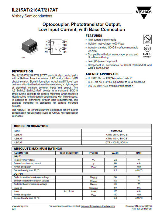 IL217AT Opto coupler Photo Transistor Output Vishay