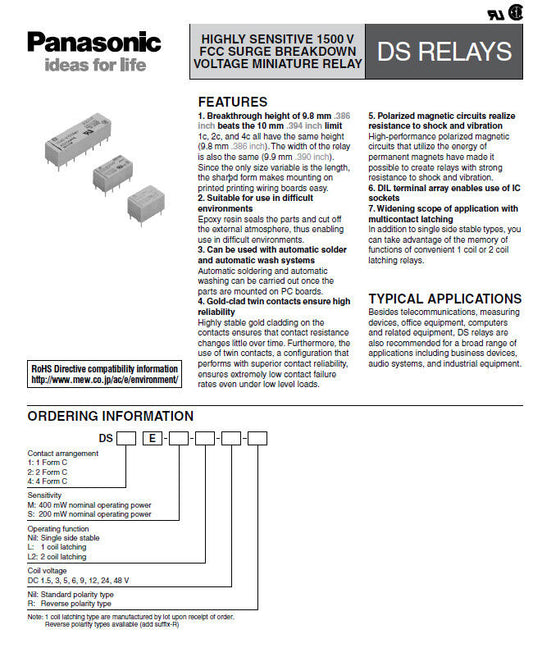 4pcs Latching 2 Coil Relay DS2E-ML2-DC12V Genuine Panasonic Latching Relay