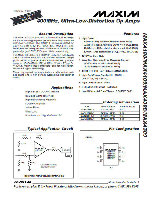 Genuine MAX4109ESA 400MHz Ultra Low Distortion Operational Amplifier