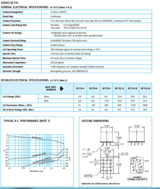 Teledyne RF 170-5  DPDT 4.5GHz RF Relay  5v Coil Latching RF Relay