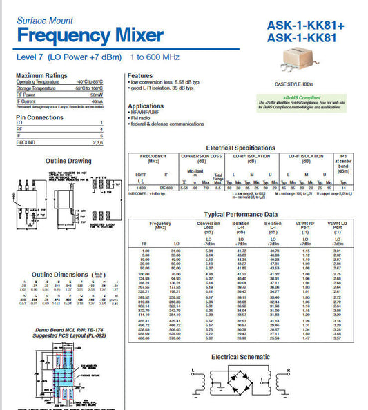5pcs MCL ASK-1 Frequency Mixer Level 7 LO Power +7 dBm 1 to 600 MHz