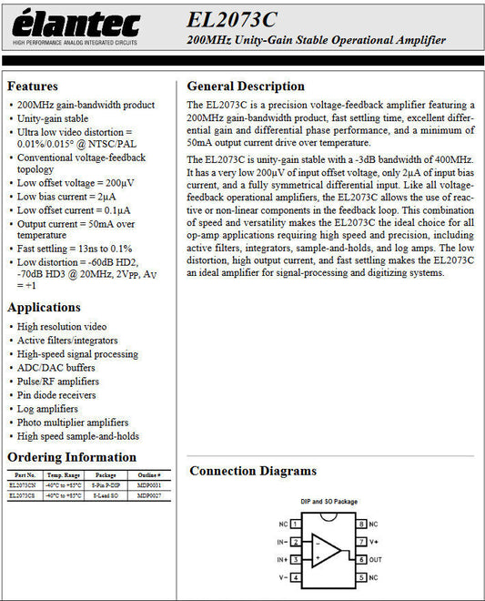 2pcs Genuine EL2073C 200MHz Unity Gain Stable Operational Amplifier