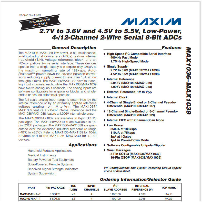 5pcs Genuine Maxim MAX1037 4 Channel ADC 2 Wire Serial 8 Bit ADC SOT23-8