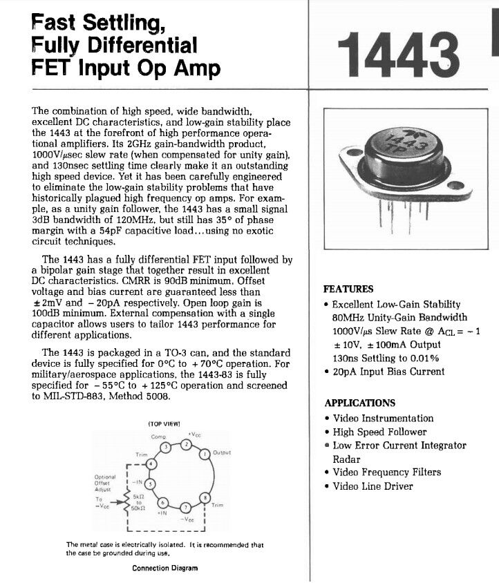 Teledyne Op Amp 1443 Operational Amplifier Differential FET Input