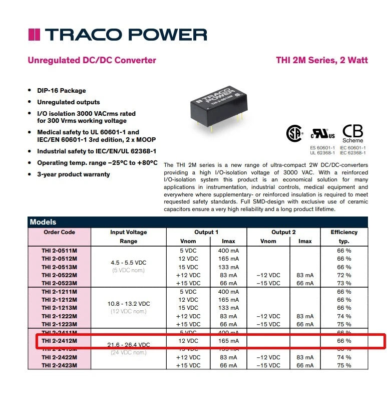 12pcs TracoPower 2 Watt DC DC Converter THI 2-2412M 12 v 165mA 1.6Kv Isolated Unregulated