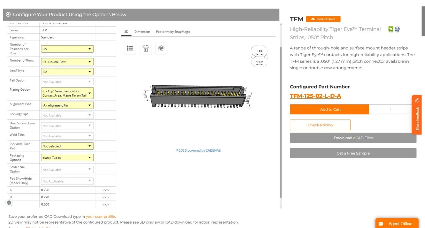 50 Pin TFM Tiger Eye Connector SMD Samtec High-Reliability Connector 2 x 25 Pin