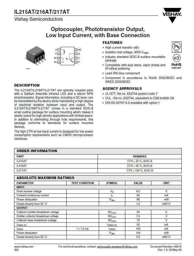 IL217AT Opto coupler Photo Transistor Output  Vishay
