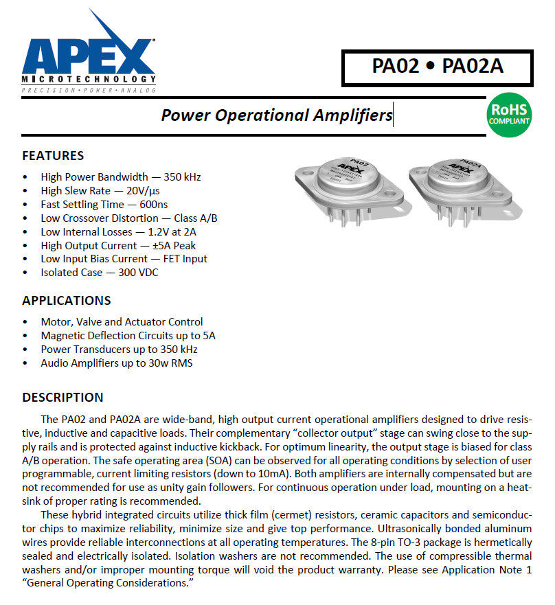 PA02 350kHz  5A, 20V/µs Power Amplifier with Fast Settling Time