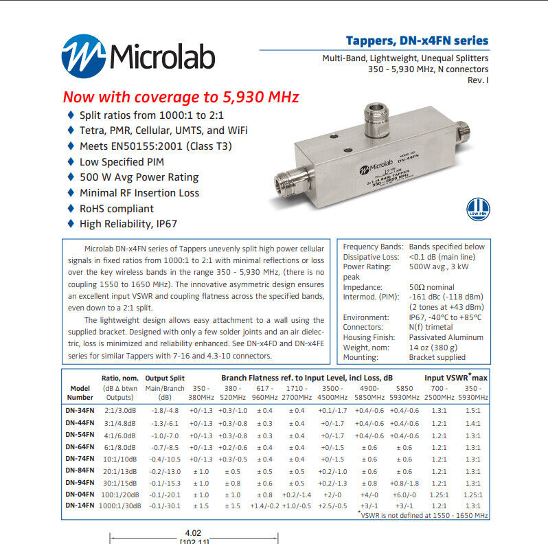 30dB 500W 1000:1 RF 350 - 960MHz And 1710 - 2700MHz Tapper Splitter DN-14FN