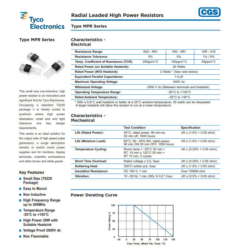 3pcs MPR-20 20W High Power Film Resistor 221CJ 220R  50ppm 5%