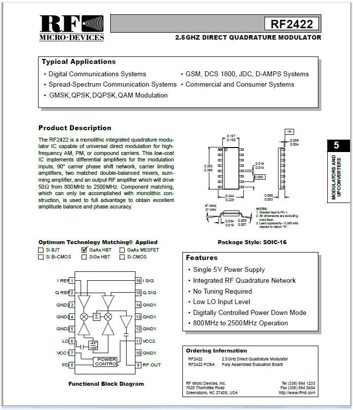 2.5GHz Direct Quadrature Modulator RF2422