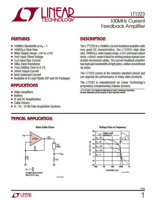2pcs Genuine LT1223 High Speed Operational Amplifier 100MHz